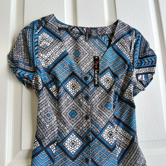 Fire Los Angeles Blue Button-up Maxi Dress M deep slits black mosaic waist tie - Picture 4 of 14